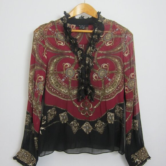 ECI New York Womens 8 Burgudy Purple Black Gold Silk LS V Neck Top Cami 2 Piece - Picture 4 of 9